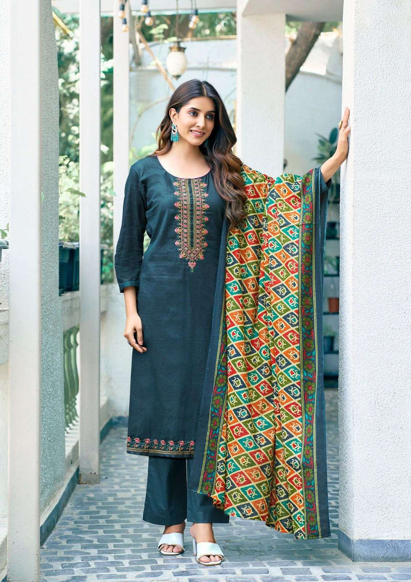 Saanvi Trends Romani Heavy Cotton Printed Embroidery Fancy Work Suit