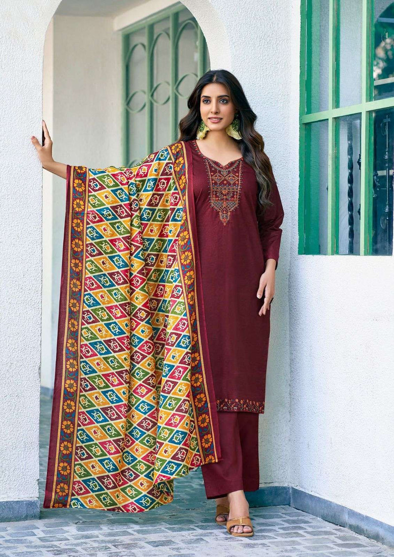 Saanvi Trends Romani Heavy Cotton Printed Embroidery Fancy Work Suit