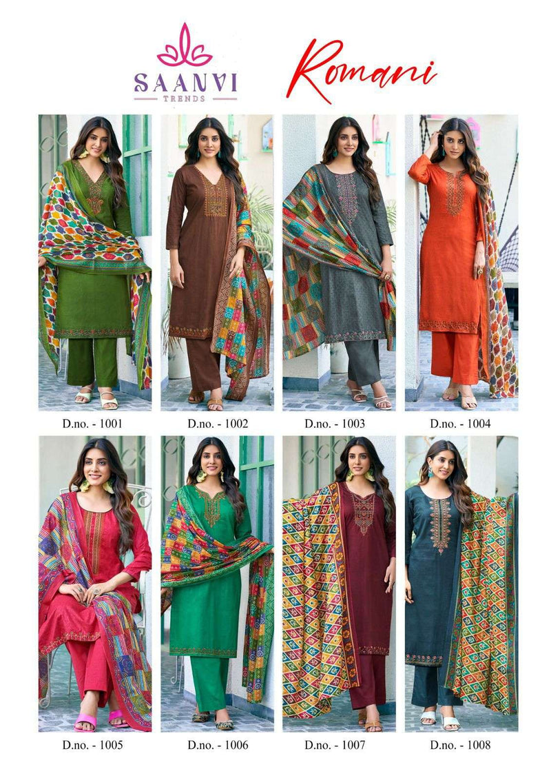 Saanvi Trends Romani Heavy Cotton Printed Embroidery Fancy Work Suit