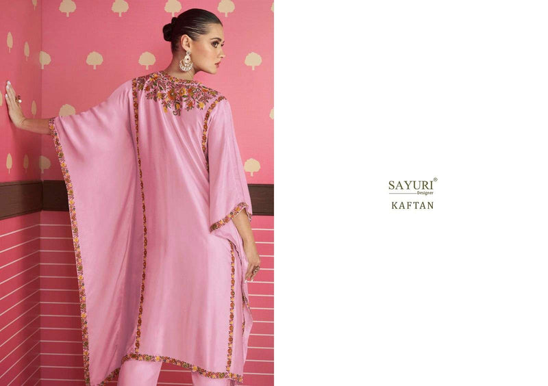 Sayuri Designer Adonia Kaftan 3pcs Set Fancy Silk Satin Kaftan With Pant And Printed Dupatta