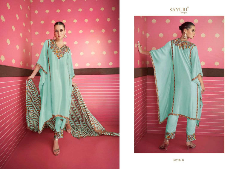 Sayuri Designer Adonia Kaftan 3pcs Set Fancy Silk Satin Kaftan With Pant And Printed Dupatta