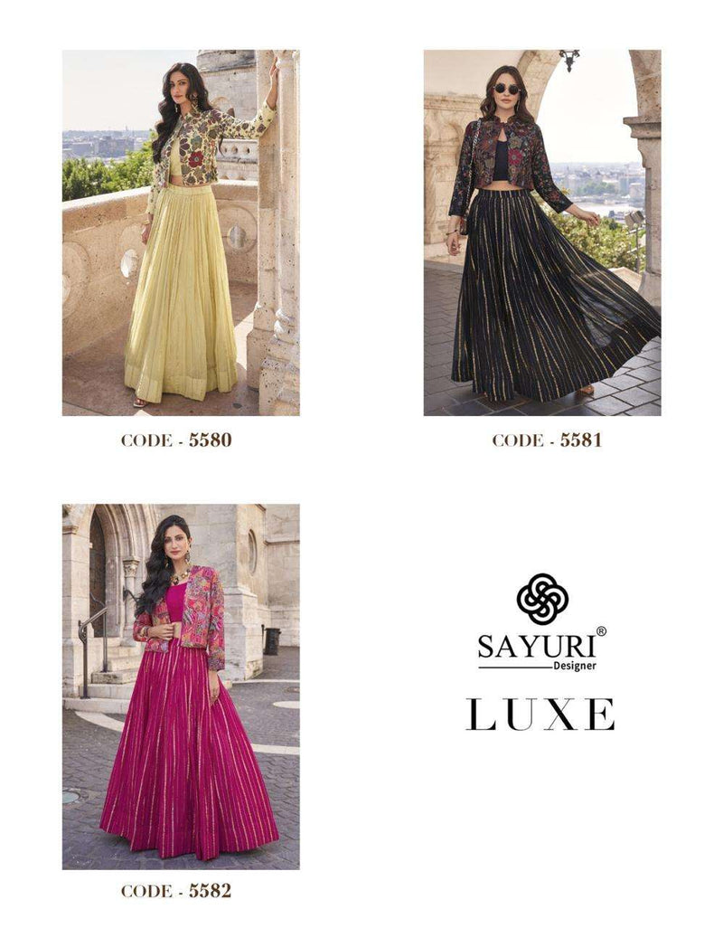 Sayuri Designer Luxe Viscos Chinon Silk Embroidered Fancy Top Skirt Jacket Collection