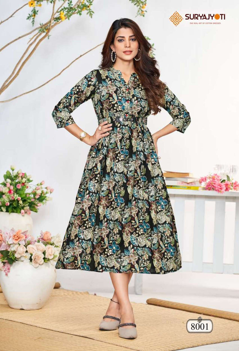 Suryajyoti Belt Vol 8 Rayon Print Daily Wear Fancy Kurti Set