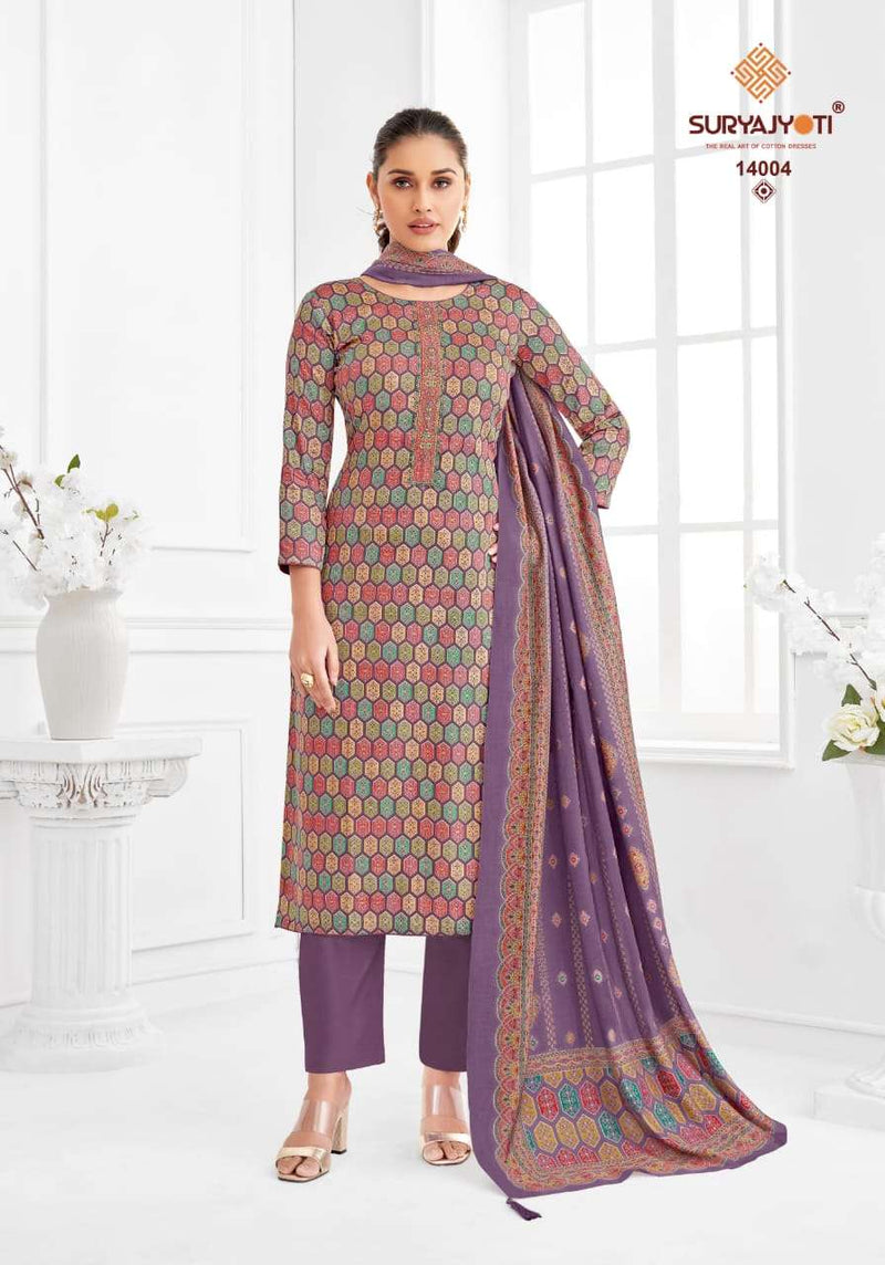 Suryajyoti Kalki Vol 14 Jam Satin Discharge Print With Foil And Neck Embroidery Unstitched Salwar Suit