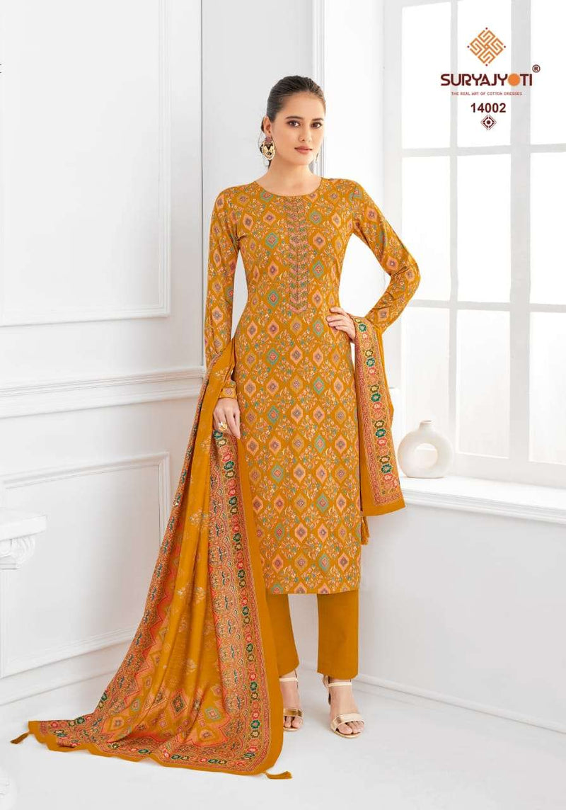 Suryajyoti Kalki Vol 14 Jam Satin Discharge Print With Foil And Neck Embroidery Unstitched Salwar Suit