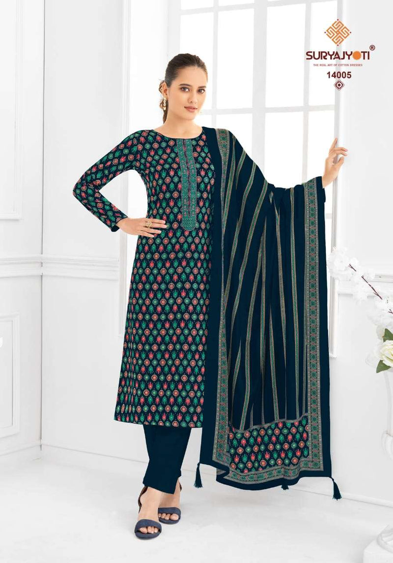 Suryajyoti Kalki Vol 14 Jam Satin Discharge Print With Foil And Neck Embroidery Unstitched Salwar Suit