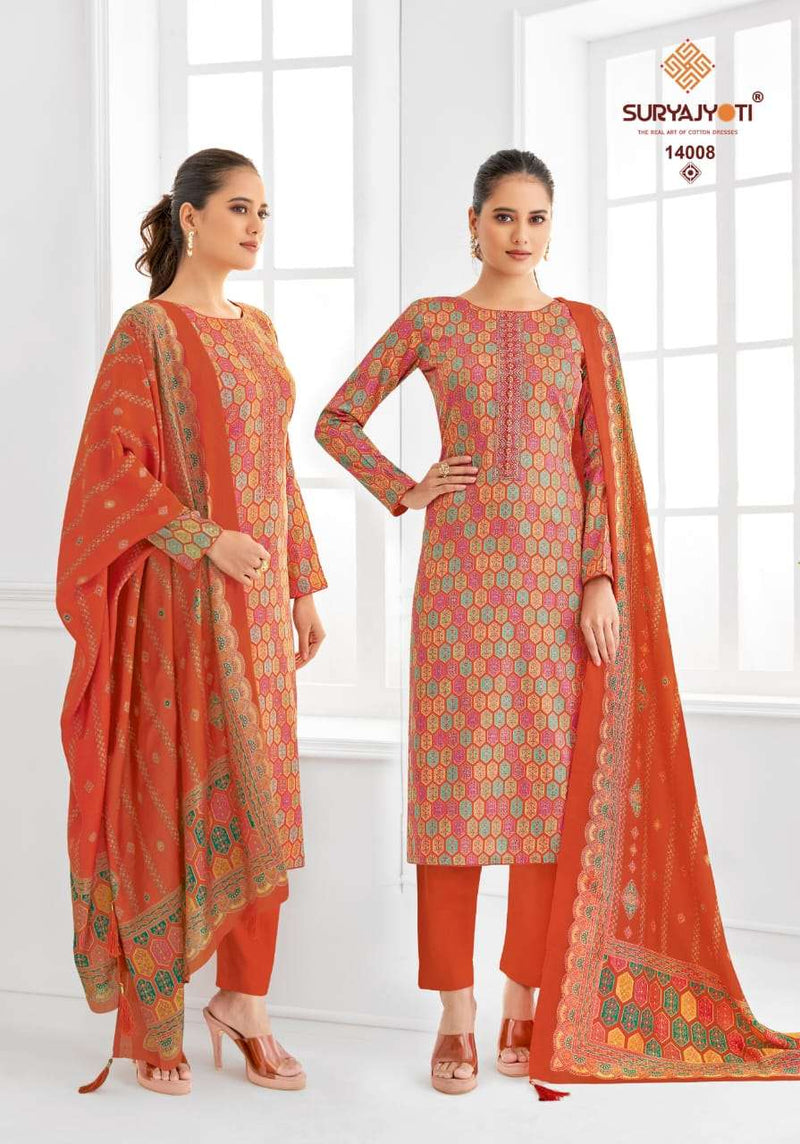 Suryajyoti Kalki Vol 14 Jam Satin Discharge Print With Foil And Neck Embroidery Unstitched Salwar Suit