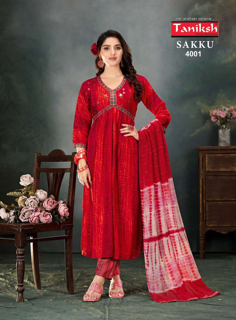 Taniksh Sakku Vol 4 Rayon Work Alia Cut Kurti With Lace Dupatta Combo Set