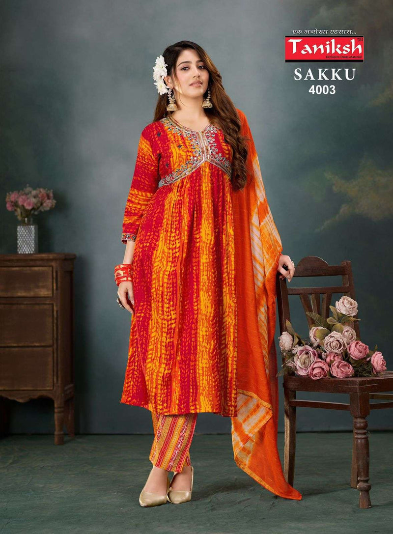 Taniksh Sakku Vol 4 Rayon Work Alia Cut Kurti With Lace Dupatta Combo Set
