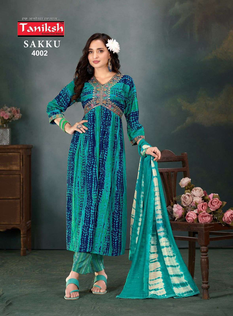 Taniksh Sakku Vol 4 Rayon Work Alia Cut Kurti With Lace Dupatta Combo Set