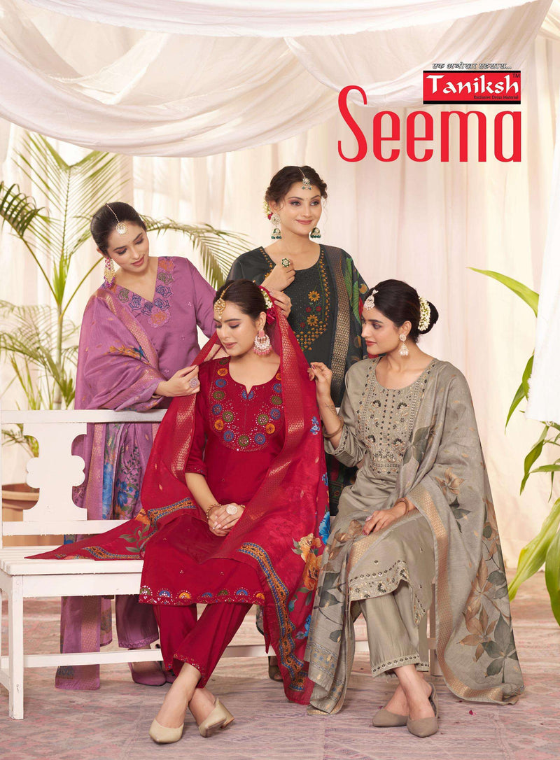 Taniksh Seema Silks With Embroidery Work Kurti Pant Jaqcard Digital Fancy Dupatta Set