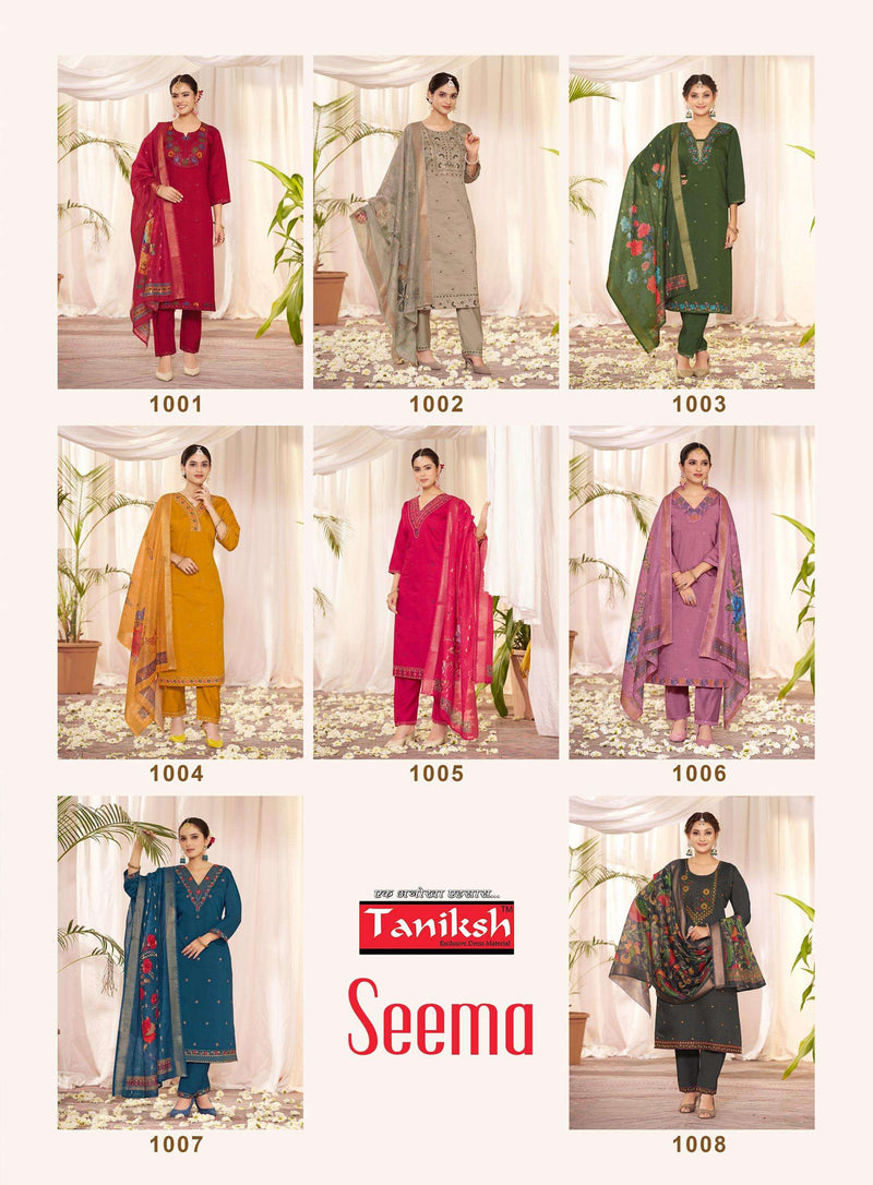 Taniksh Seema Silks With Embroidery Work Kurti Pant Jaqcard Digital Fancy Dupatta Set