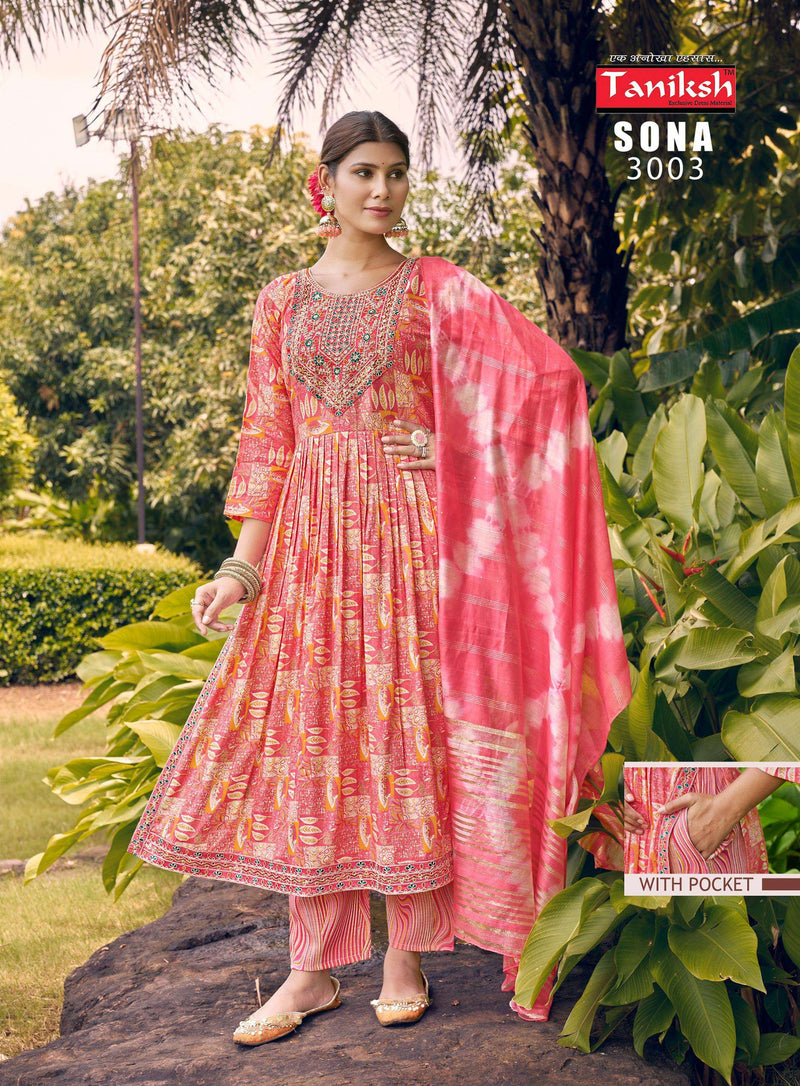 Taniksh Sona Vol 1 Rayon Embroidery Work Nyra Cut Style Kurti Pant Dupatta Set