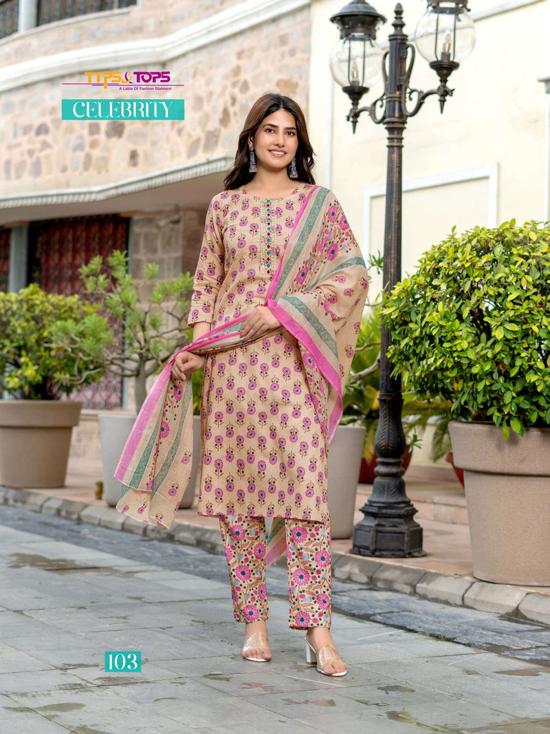 Tips And Tops Celebrity Cotton Print Embroidery Work Kurti Combo Set