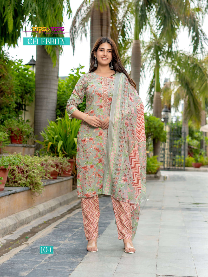 Tips And Tops Celebrity Cotton Print Embroidery Work Kurti Combo Set