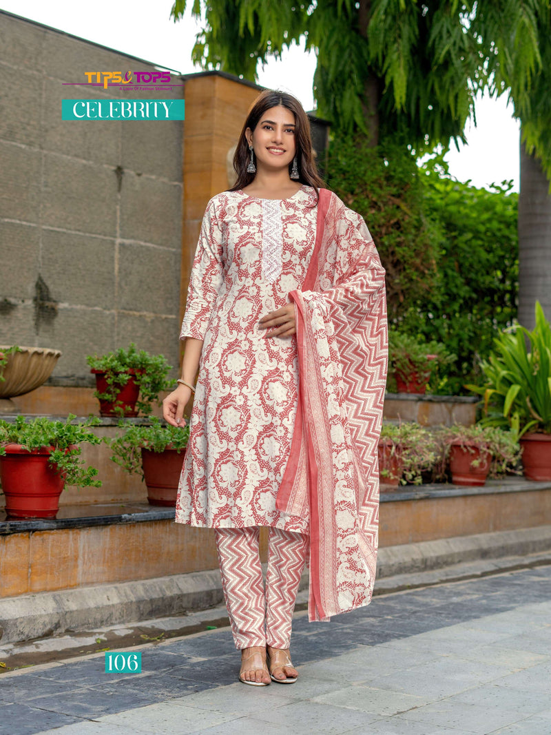 Tips And Tops Celebrity Cotton Print Embroidery Work Kurti Combo Set