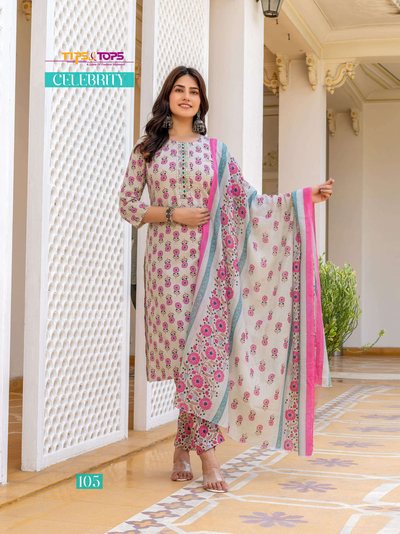 Tips And Tops Celebrity Cotton Print Embroidery Work Kurti Combo Set