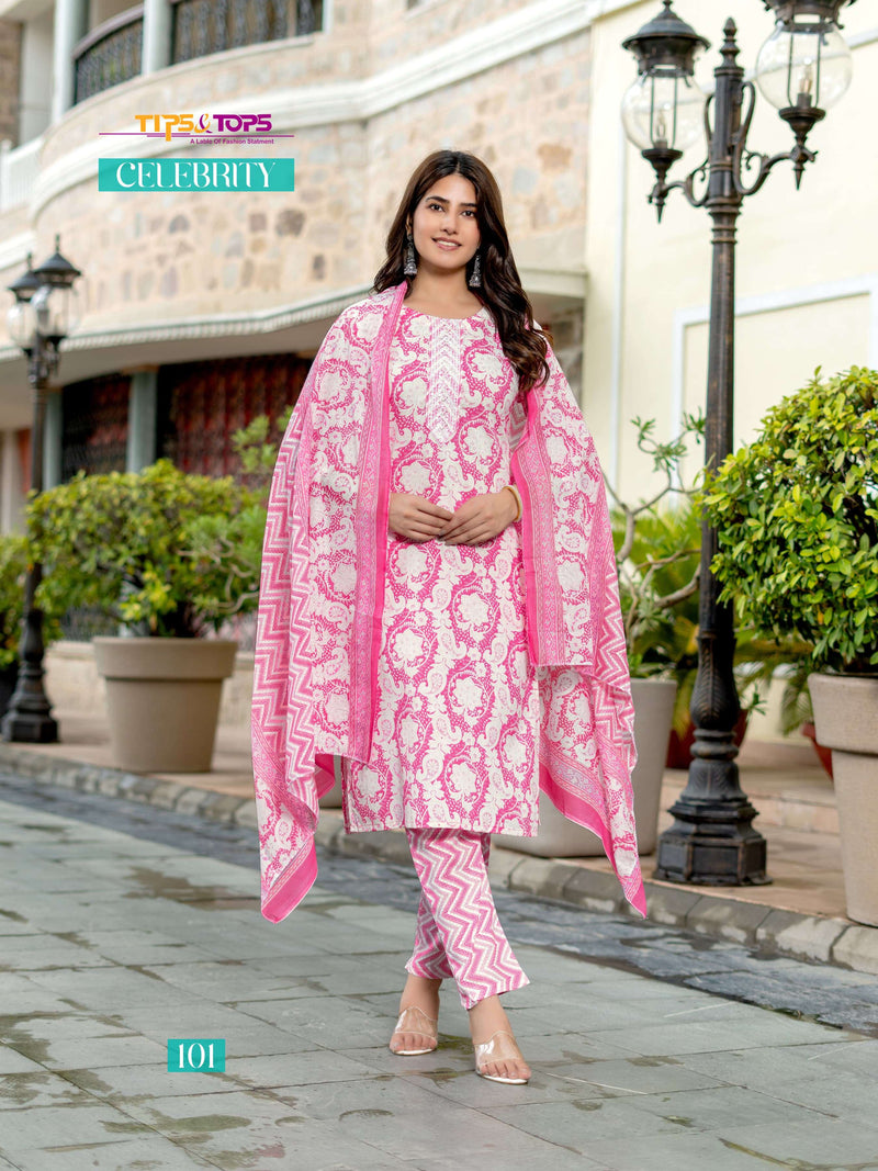 Tips And Tops Celebrity Cotton Print Embroidery Work Kurti Combo Set
