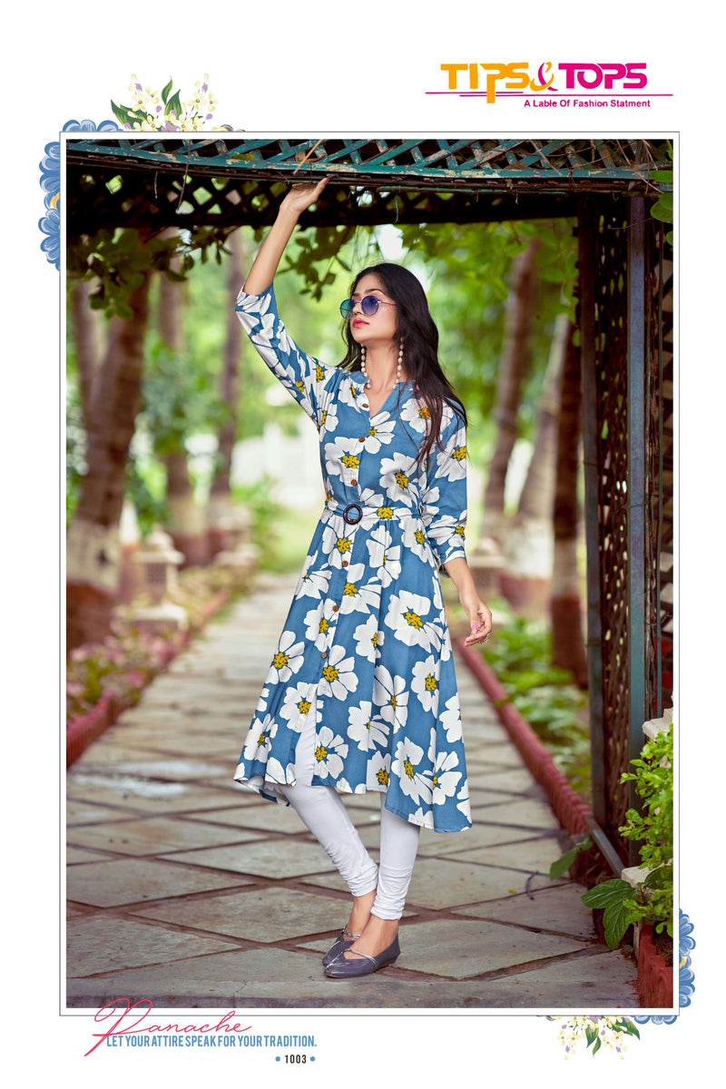 Tips And Tops Graccy Rayon Printed Stylish Daily Wear A Line Kurti Set