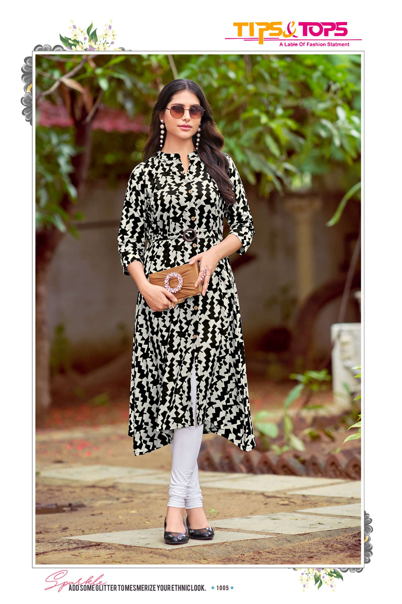 Tips And Tops Graccy Rayon Printed Stylish Daily Wear A Line Kurti Set