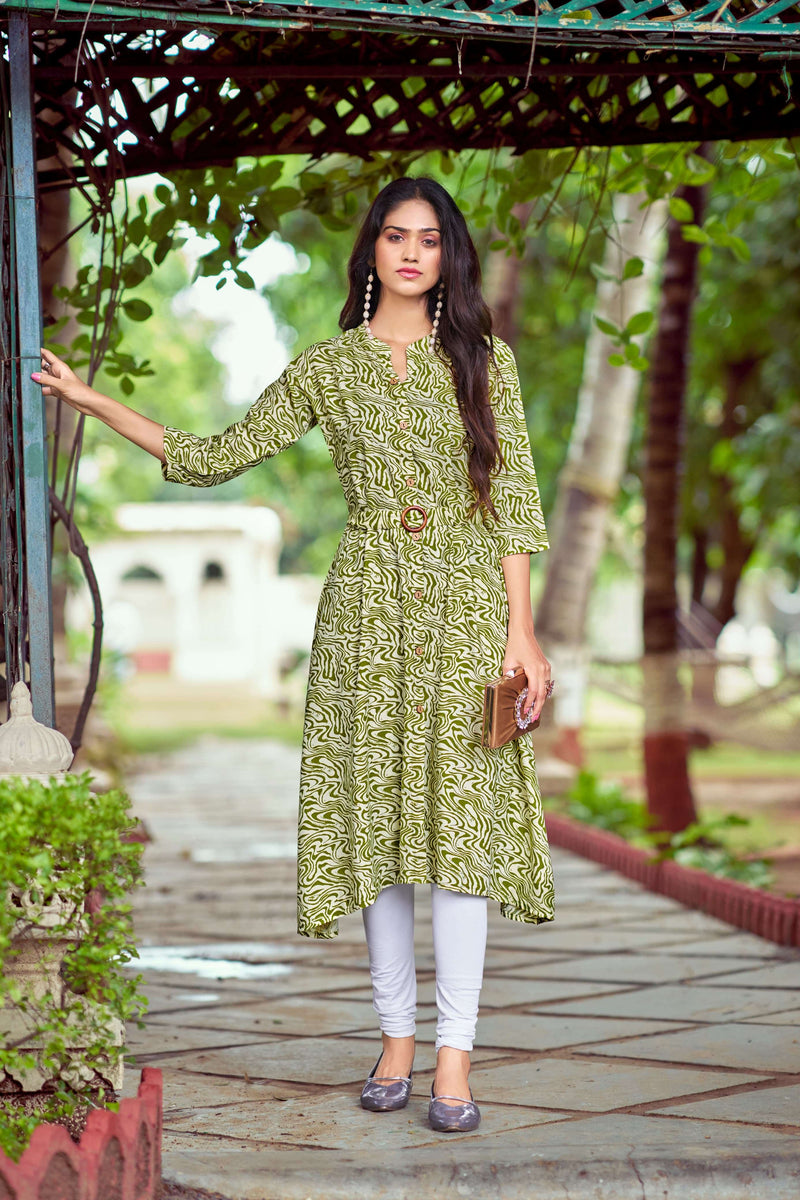 Tips And Tops Graccy Rayon Printed Stylish Daily Wear A Line Kurti Set