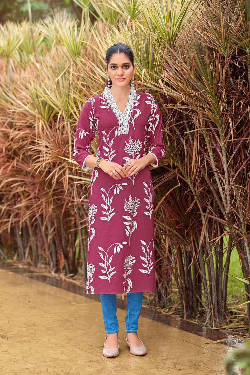 Tips And Tops Viana Rayon Print V Neck Lace Pattern Casual Wear Kurti