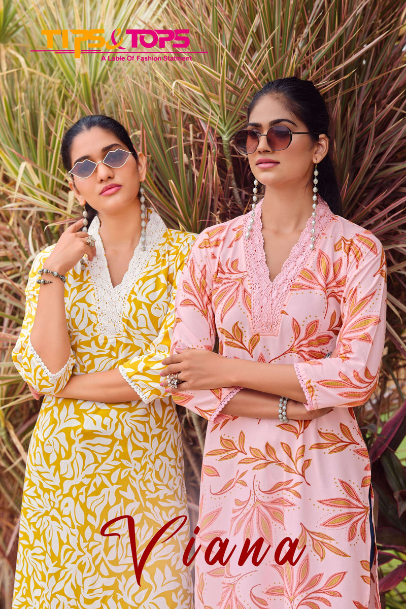 Tips And Tops Viana Rayon Print V Neck Lace Pattern Casual Wear Kurti