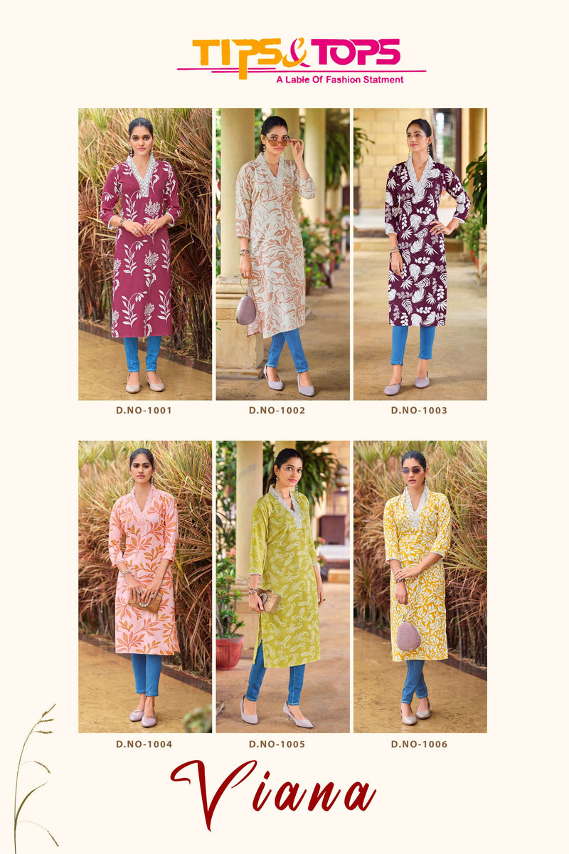 Tips And Tops Viana Rayon Print V Neck Lace Pattern Casual Wear Kurti