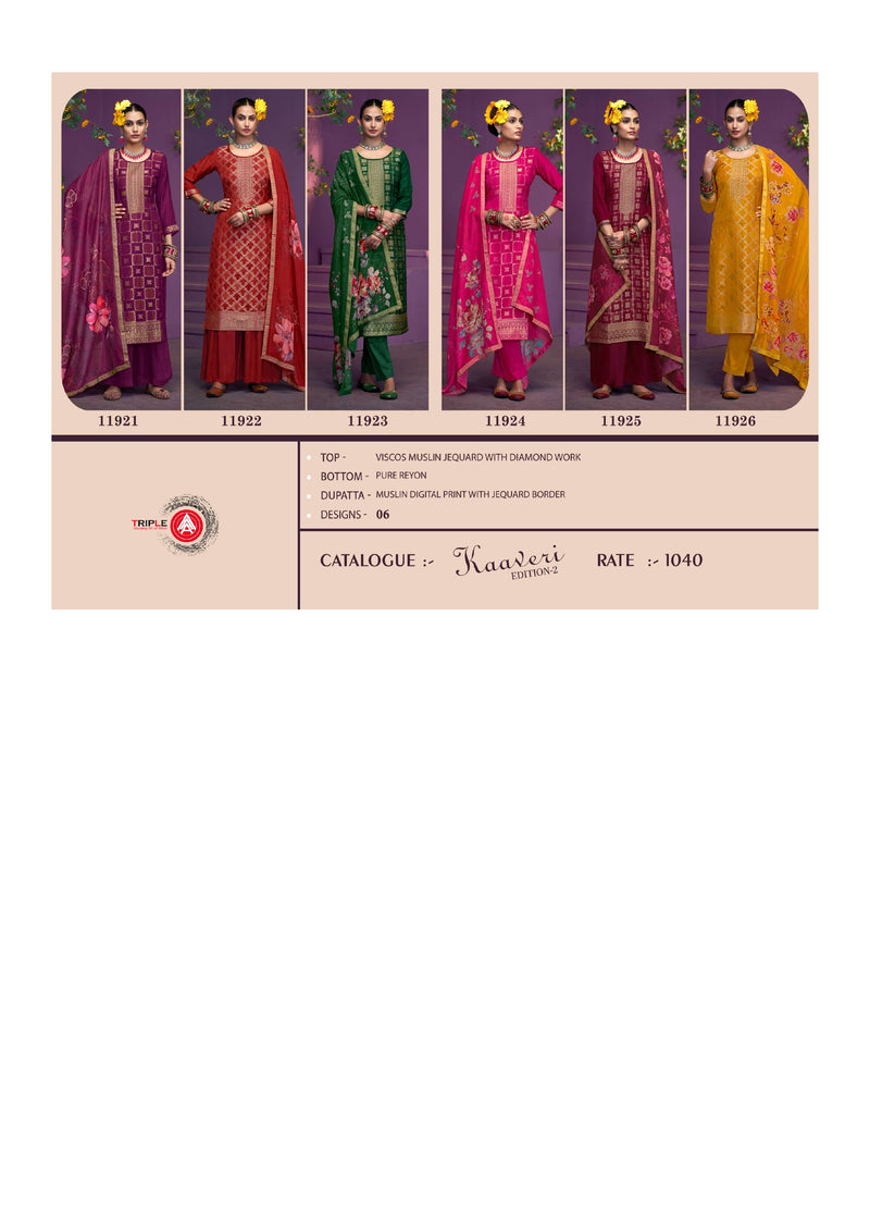 Triple Aaa Kaaveri Edition 2 Viscos Muslin Jequard Diamond Work Salwar Suit