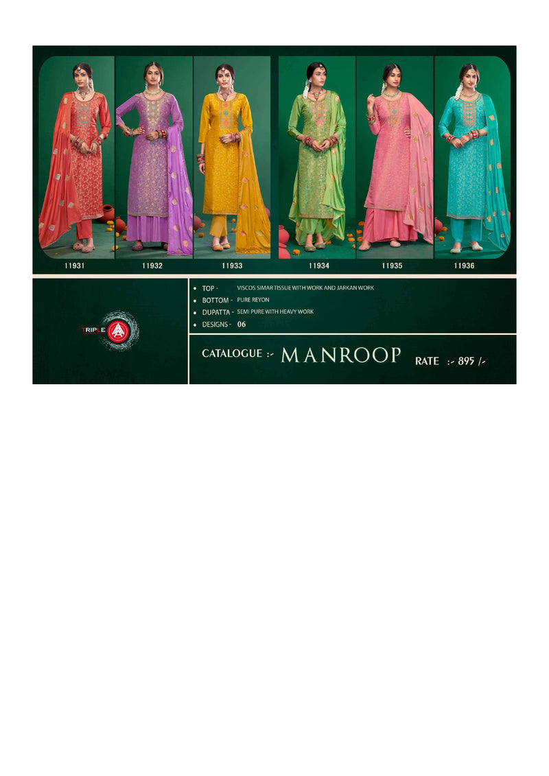 Triple Aaa Manroop Viscos Jarkan Work Fancy Salwar Suit