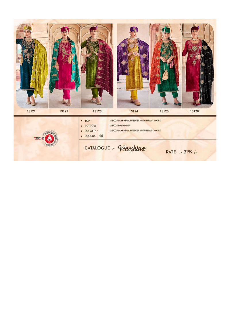 Triple Aaa Veneshiaa Velvet Heavy Work Wedding Wear Salwar Suit Collection