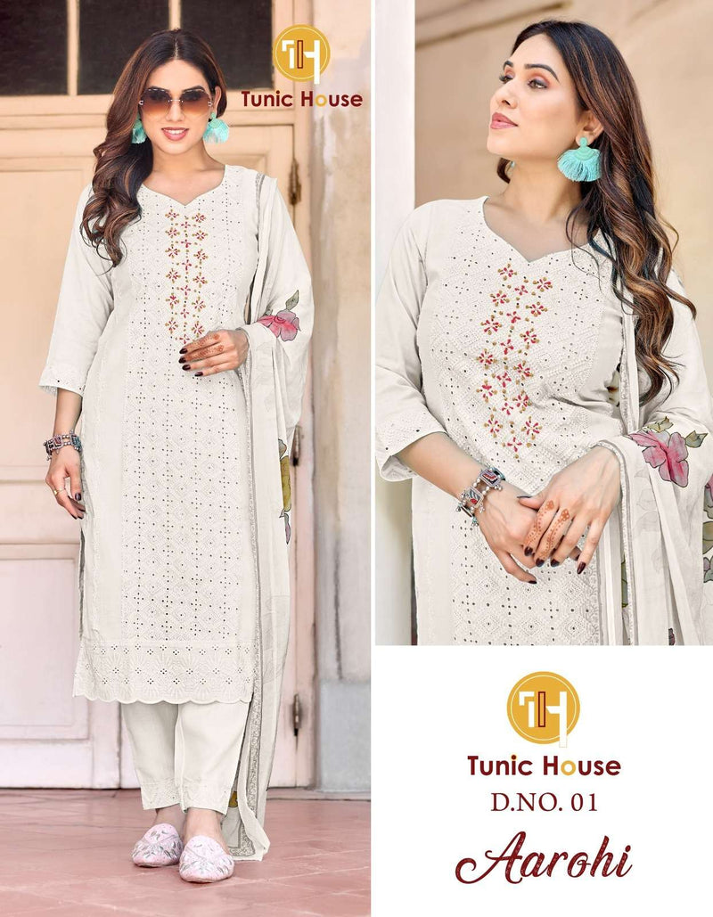 Tunic House Aarohi Cotton Hand Work Designer Kurti Pant Dupatta Set