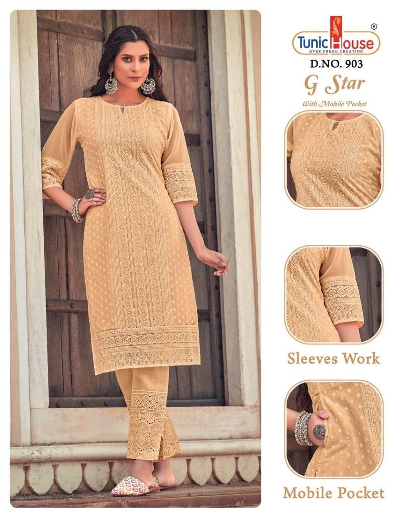 Tunic House G Star Designer Chikankari Schiifli Work Fancy Kurti Combo Set