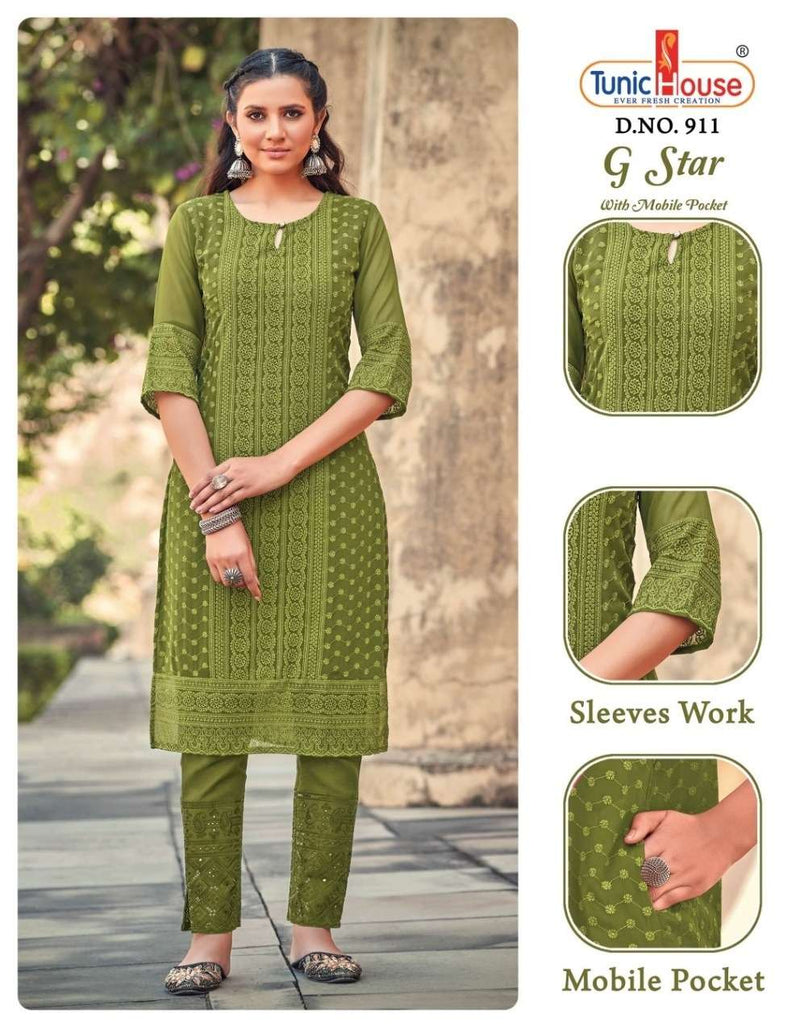 Tunic House G Star Designer Chikankari Schiifli Work Fancy Kurti Combo Set
