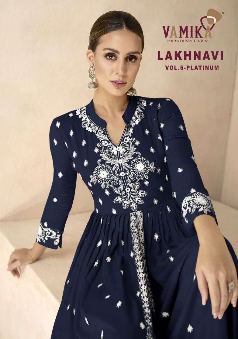 Vamika Lakhnavi Vol 6 Platinum Rayon White Thread Heavy Party Wear Kurti With Pant Dupatta Set