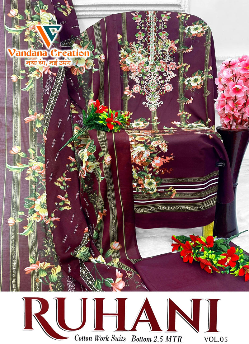 Vandana Creation Ruhani Vol 5  Cotton Digital‎ Style‎ Print‎ With Neck‎ Work‎ Unstitched Salwar Suit