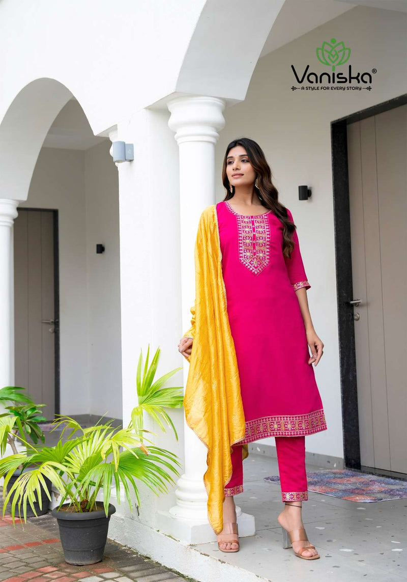 Vaniska Fiza Vol 2 Silk Fancy Embroidery Work Straight Kurti Pant Dupatta Set
