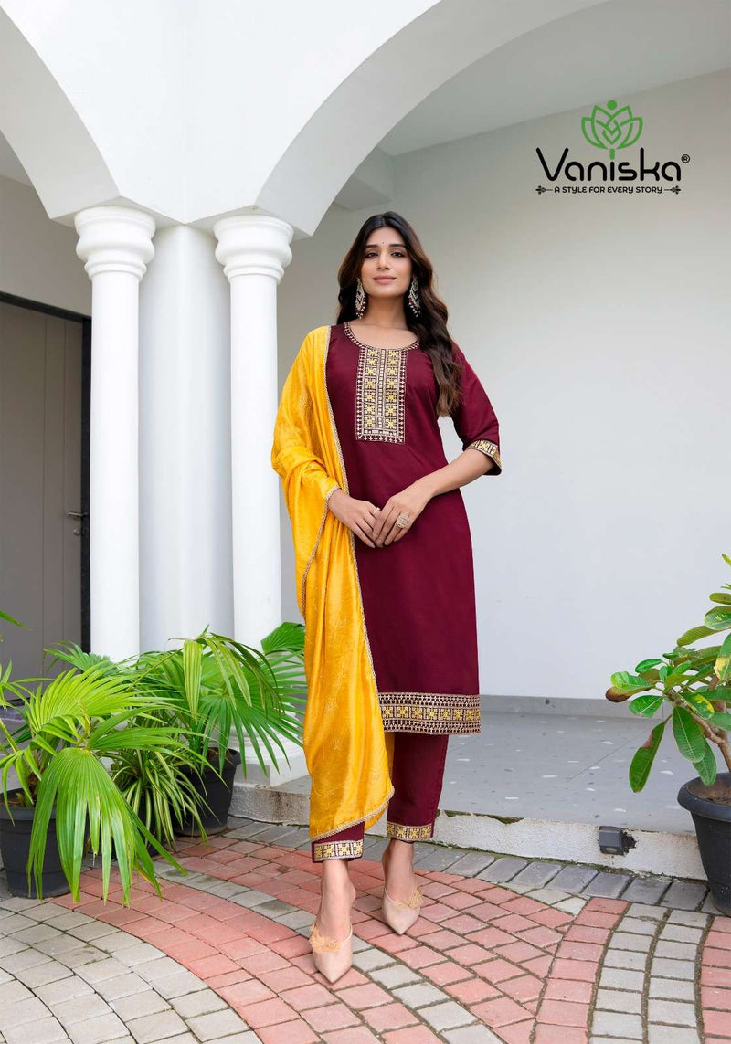 Vaniska Fiza Vol 2 Silk Fancy Embroidery Work Straight Kurti Pant Dupatta Set