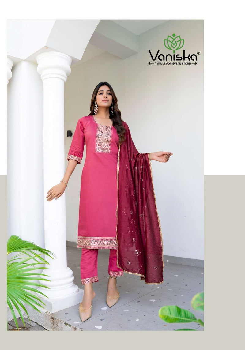 Vaniska Fiza Vol 2 Silk Fancy Embroidery Work Straight Kurti Pant Dupatta Set