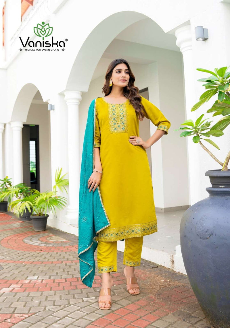 Vaniska Fiza Vol 2 Silk Fancy Embroidery Work Straight Kurti Pant Dupatta Set
