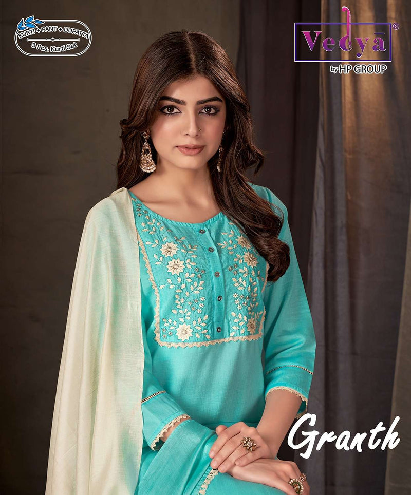Vedya Present Granth Designer Work Adorable Kurti With Pant And Dupatta