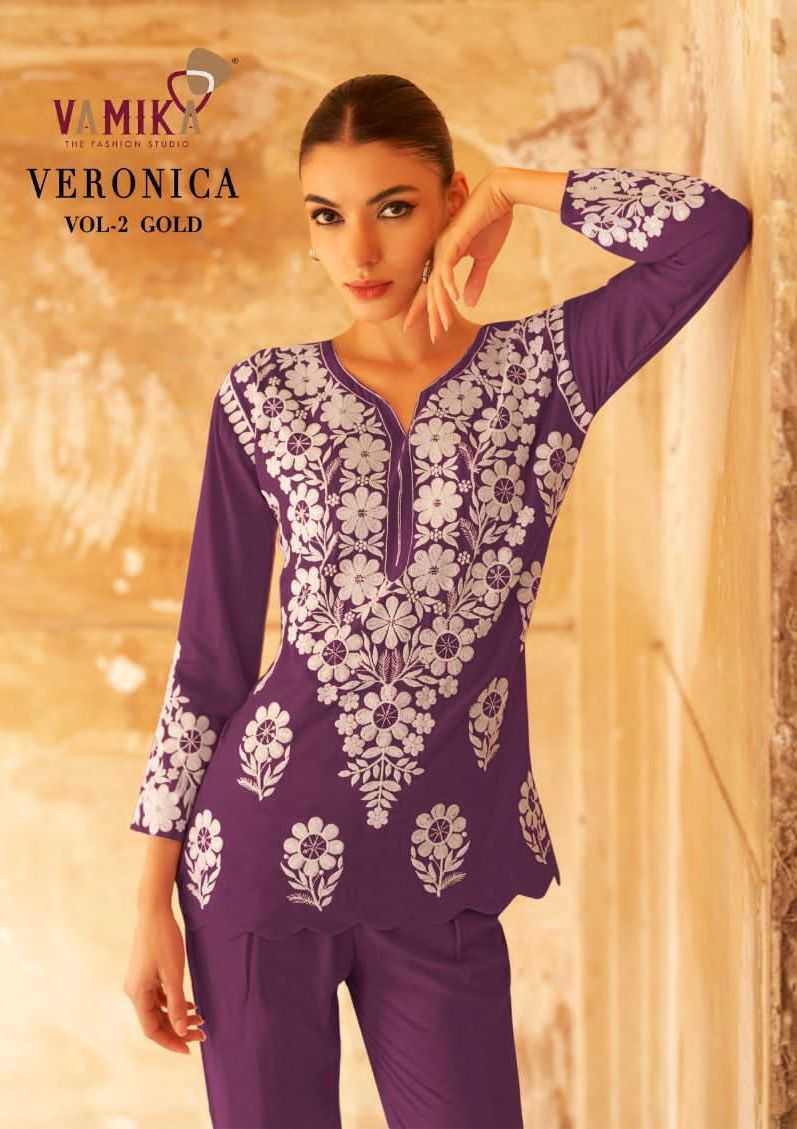 Vamika Veronica Vol 2 Gold Heavy Rayon Sequens Work Fancy Kurti Set