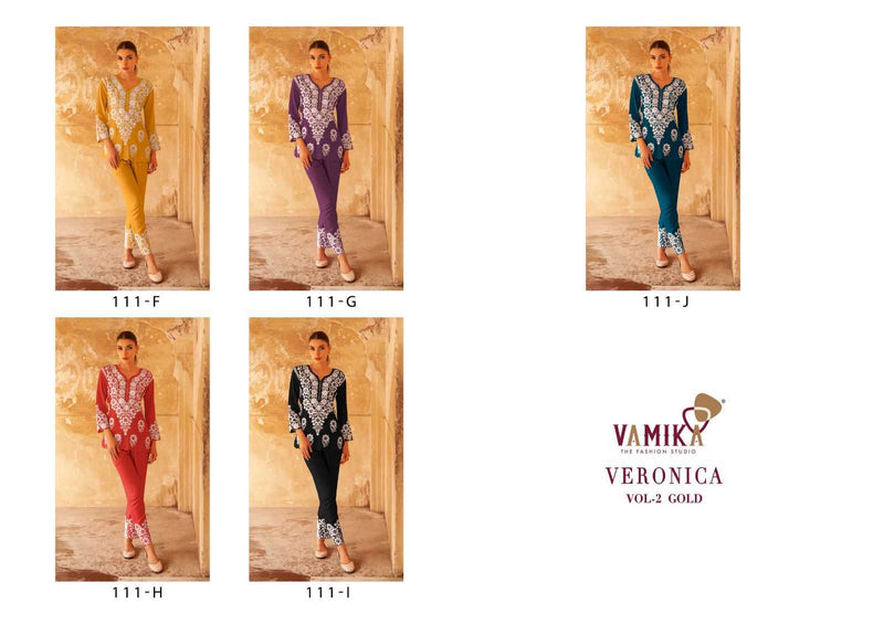 Vamika Veronica Vol 2 Gold Heavy Rayon Sequens Work Fancy Kurti Set