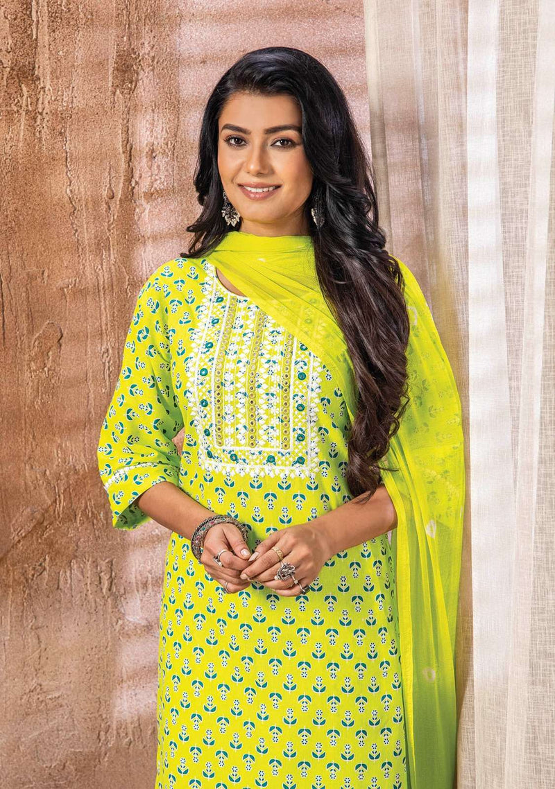 Wanna Present Kanika Fancy 3pcs Set Thread Work Kurti With Pant And Chiffon Dupatta Catalogue