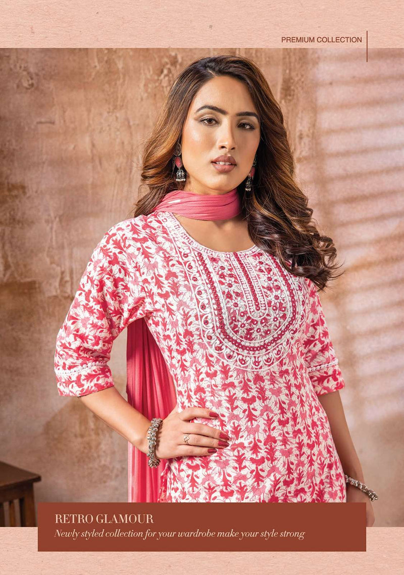 Wanna Present Kanika Fancy 3pcs Set Thread Work Kurti With Pant And Chiffon Dupatta Catalogue