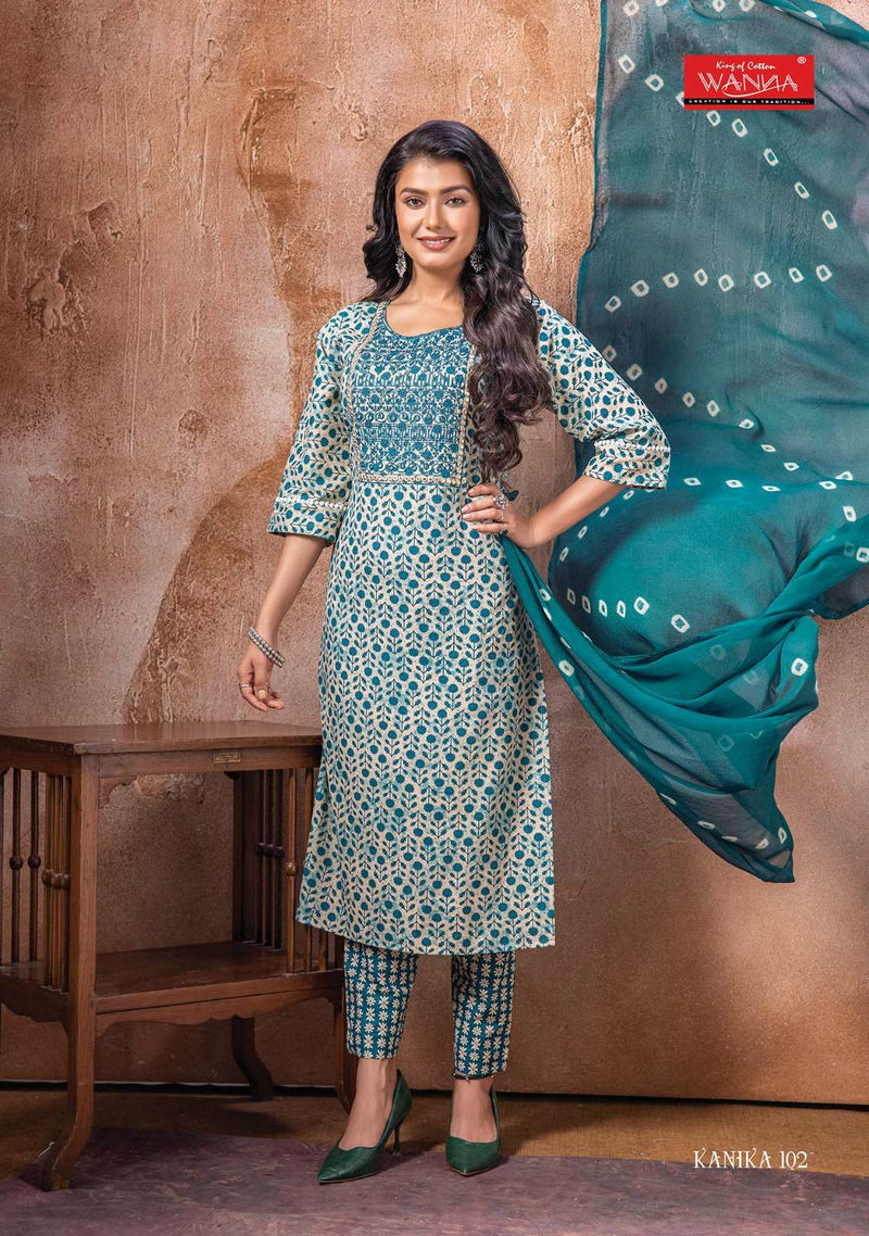 Wanna Present Kanika Fancy 3pcs Set Thread Work Kurti With Pant And Chiffon Dupatta Catalogue