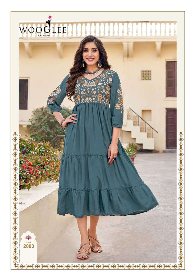 Wooglee Anchal Rayon Thread Hand Work Designer Fancy Casual Wear Kurti Set