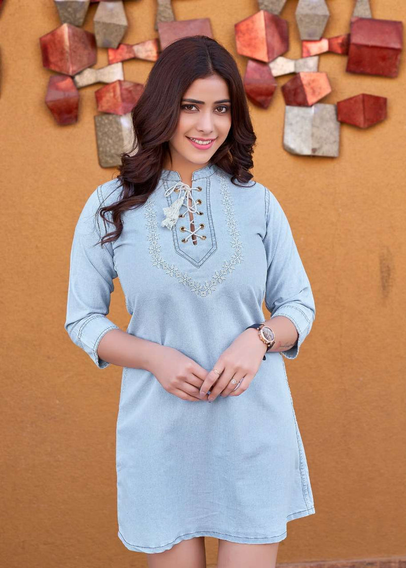Yami Fashion Vibes Denim Machine Embroidery Fancy Tunics Tops