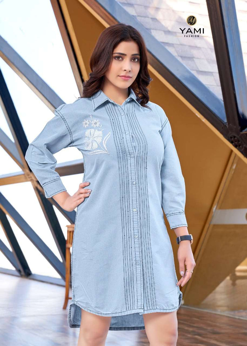 Yami Fashion Vibes Denim Machine Embroidery Fancy Tunics Tops