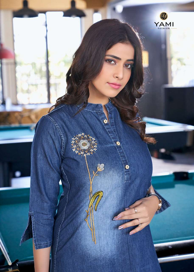 Yami Fashion Vibes Denim Machine Embroidery Fancy Tunics Tops